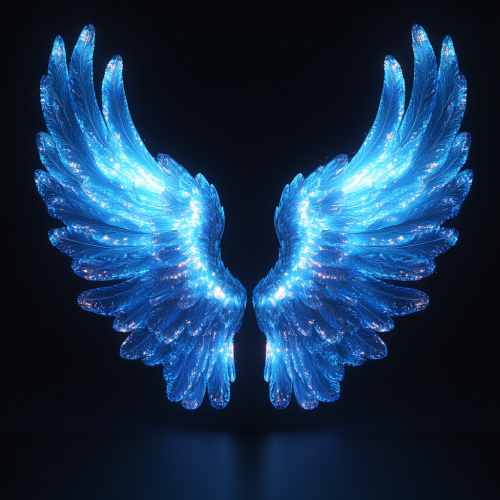 Vector illustration of glowing angel wings on black background.