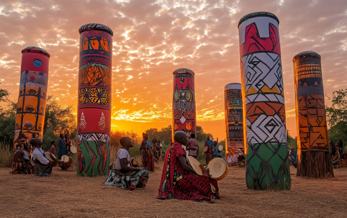 Vibrant African landscape with monumental inflatable structures