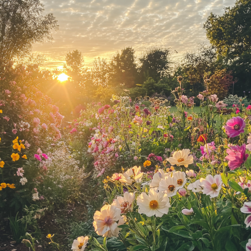 Vibrant Blooming Garden at Sunrise, iPhone 15 Pro Photo