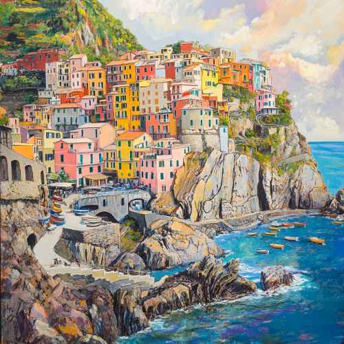 Vibrant Cinque Terre Village Overlooking Sparkling Mediterranean