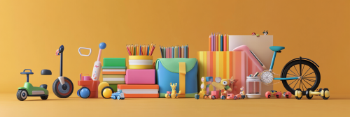 Vibrant children's store products bundle on orange. Vibrant children's store products bundle on orange.