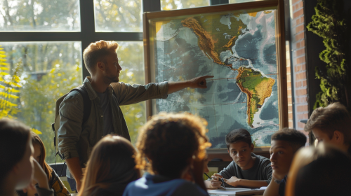 Vibrant classroom scene of geography teacher and students