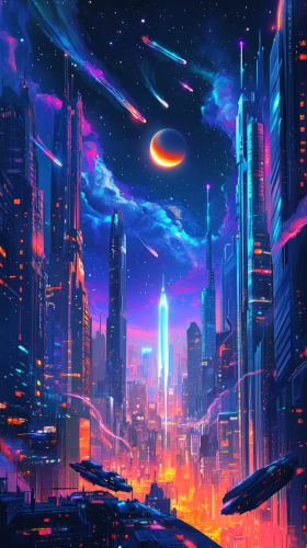 Vibrant cyberpunk city skyline with neon-lit skyscrapers