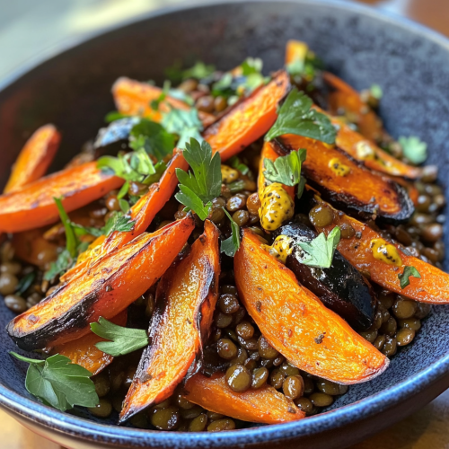 Vibrant lentil bowl with roasted carrots and garlic