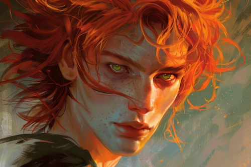 Vibrant red-haired Kvothe with intense green eyes portrait.
