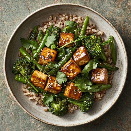 Vibrant stir-fry with tofu and brown rice