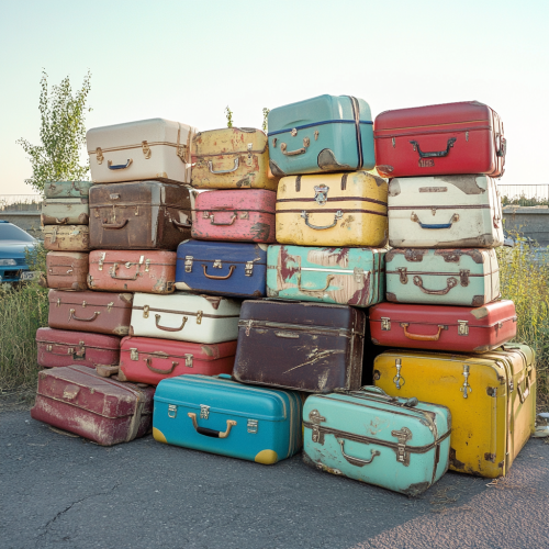 Vibrant suitcases at border checkpoint with happy travelers.