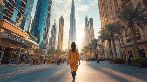 Woman walks in downtown Dubai with skyscrapers