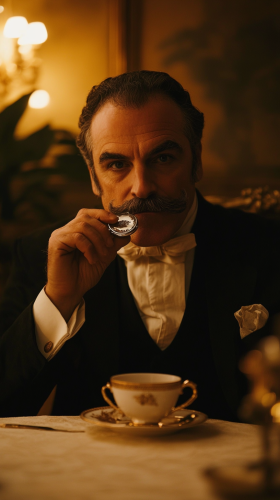 Victorian Gentleman Testing Mustache Protector in Dim Light