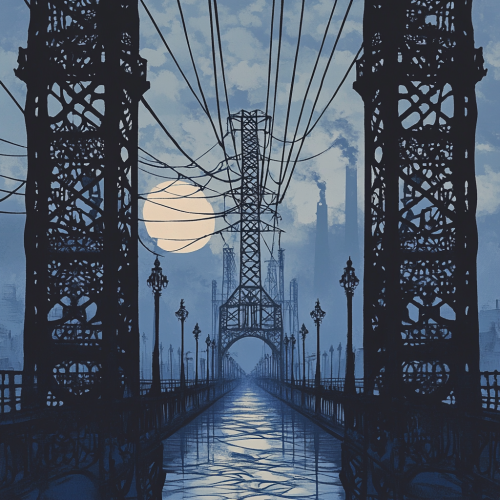 Victorian electric pylons with wrought iron patterns at dawn