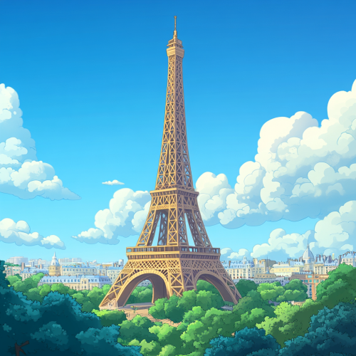 View of Eiffel Tower in Children's Book Style