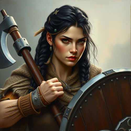 Viking Warrior Woman with Axe in Oil Painting
