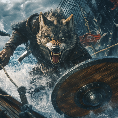 Viking ship faces attack by fierce wolf