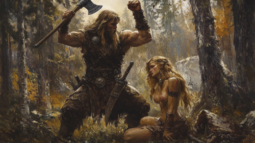 Viking warrior with axe and woman in forest