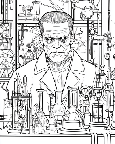 Vintage Frankenstein's Monster in mad scientist lab, line drawing.