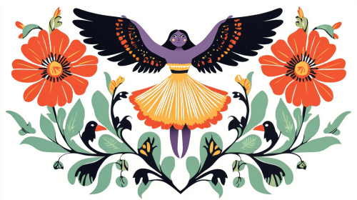 Vintage Soviet Folk Art Paper Cut-Out: Red Flowers, Anthropomorphic Purple Woman-inspired by Edward Gorey.