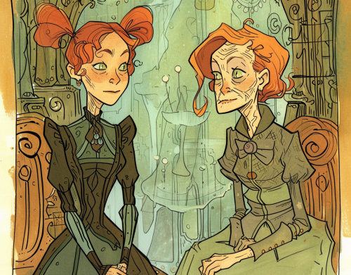 Vintage mother and daughter in cartoonish style portrait. Vintage mother and daughter in cartoonish style portrait.