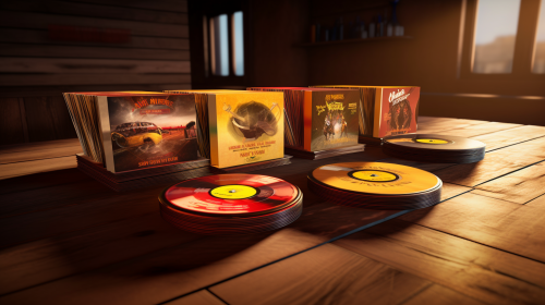 Vintage vinyl records on wooden table with warm lighting.