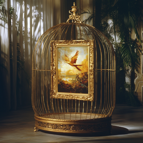 Vivid, hyper-realistic golden birdcage with escaping painting inside.
