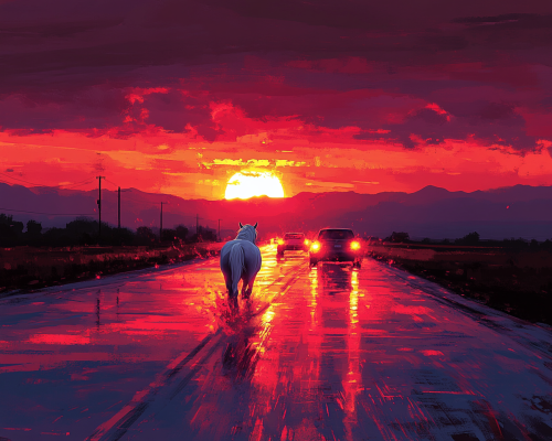 Vivid Colorful Road at Evening with White Horse Vivid Colorful Road at Evening with White Horse