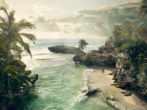 Vivid beach advertisement with palm trees and waves