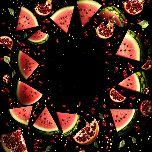 Vivid watermelon and pomegranate slices arranged on background. Vivid watermelon and pomegranate slices arranged on background.