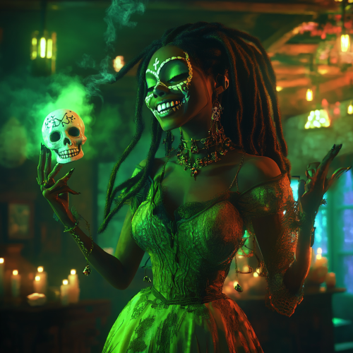 Voodoo witch with sugar skull in green dress glowing.