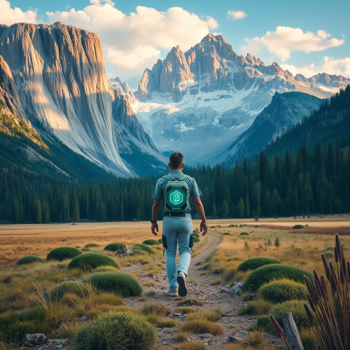 Wanderer in Crypto Attire Exploring Natural Landscape