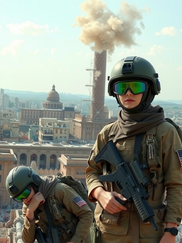 War's Destruction: Two Female Soldiers Amid Ruins