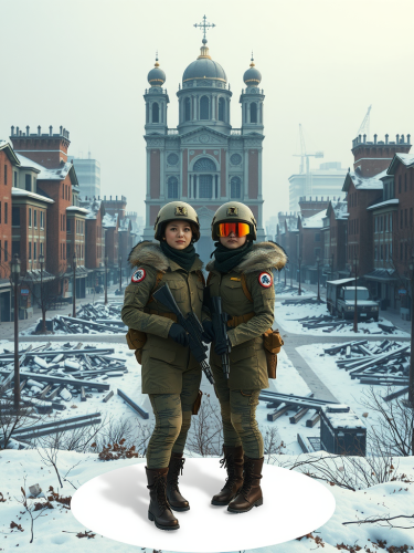 War-torn city in winter, 2 female soldiers portrayed.