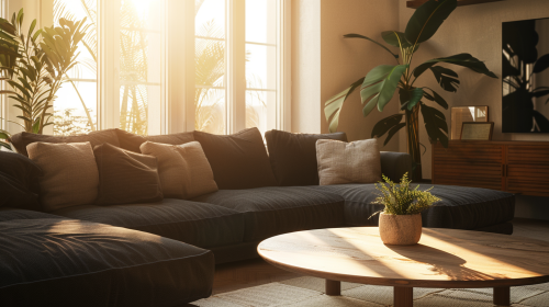 Warm living room with dark sectional sofas, wooden table. Warm living room with dark sectional sofas, wooden table.