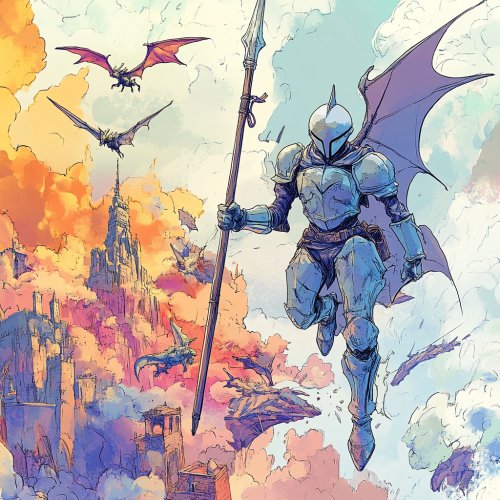 Warrior Knight in Jetpack Boots Battles Sky Dragons