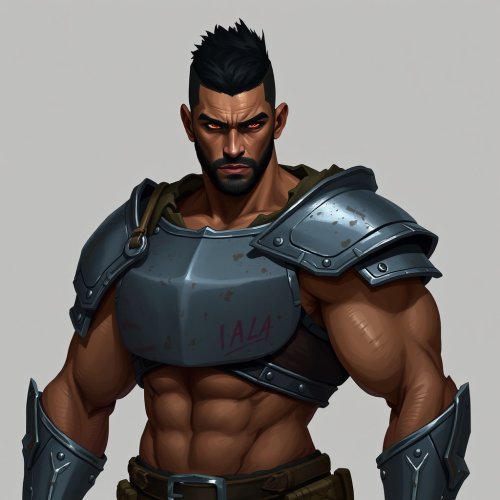 Warrior in half plate armor with buzz cut.