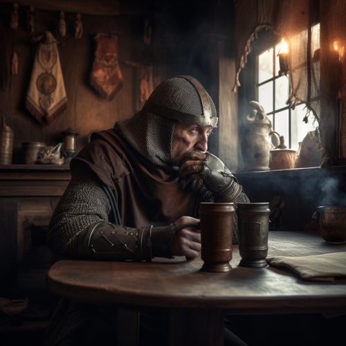 Warrior in medieval tavern at daybreak