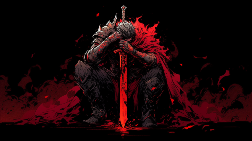 Warrior with big sword, surrounded by dead demons