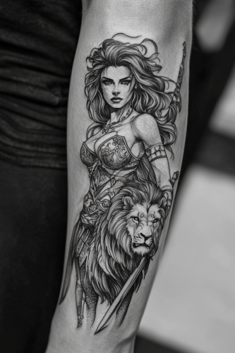 Warrior woman and lion in intricate black tattoo