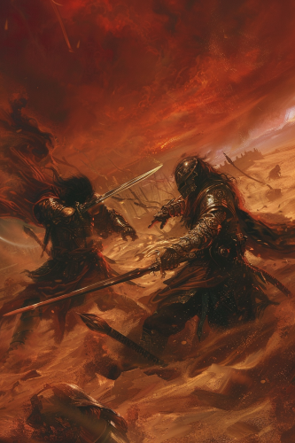 Warriors duel in desert with stormy sky and ruins. Warriors duel in desert with stormy sky and ruins.