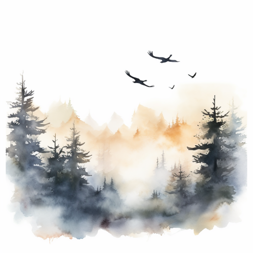 Watercolor Autumn Landscape with Bird Silhouettes