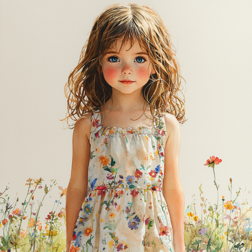 Watercolor illustration of a young girl in dress