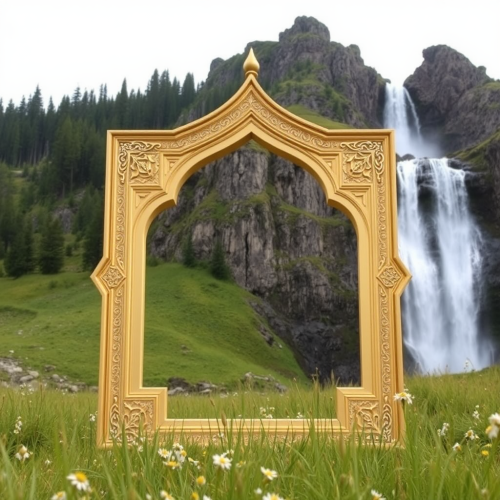 Waterfall next to a frame in meadow.