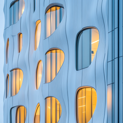 Wavy urban building with golden light reflection in windows.
