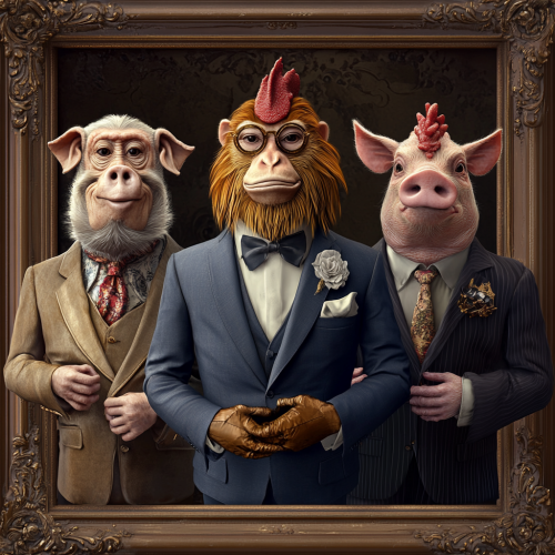 Wealthy animals in fancy clothes at luxury party