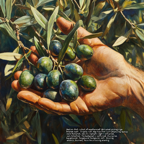Weathered hands picking green olives under sunlight carefully
