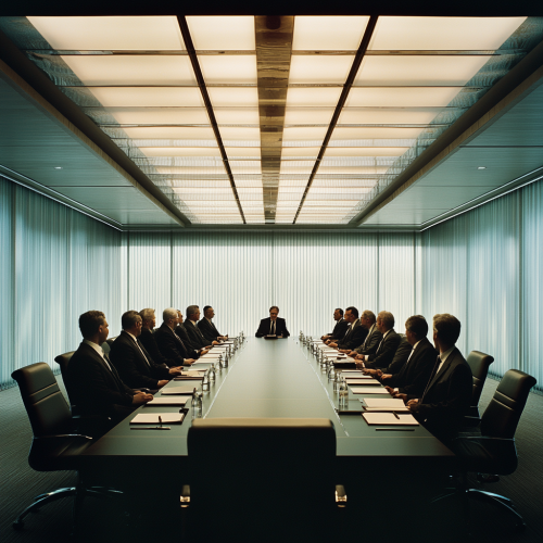 Well lit boardroom with executives in black suits.