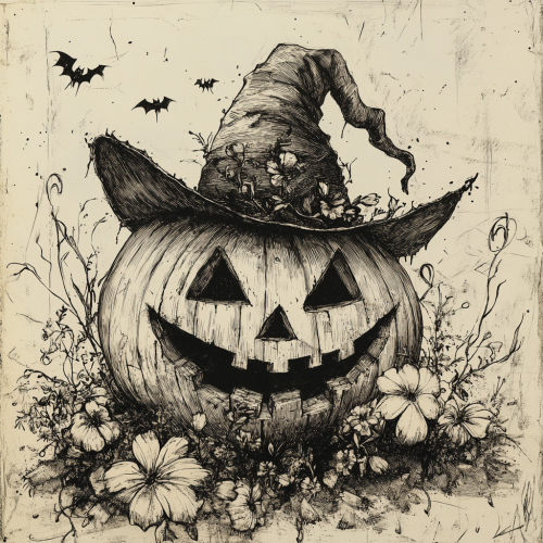 Whimsical Halloween pumpkin with witch’s hat, eerie yet inviting