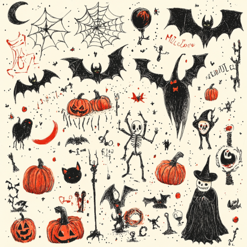 Whimsical Halloween scene with detailed characters and trinkets Whimsical Halloween scene with detailed characters and trinkets