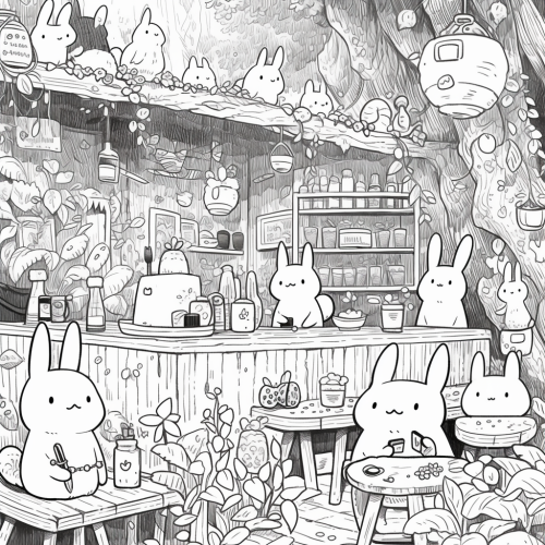 Whimsical bunnies work in detailed magic cafe setting.