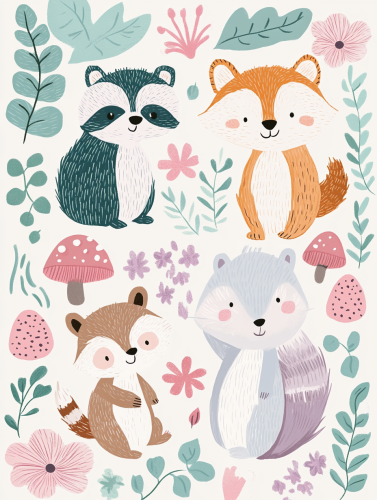 Whimsical forest carpet with cute woodland animals