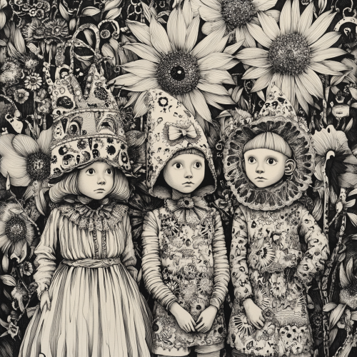 Whimsical group portrait of children in fanciful costumes