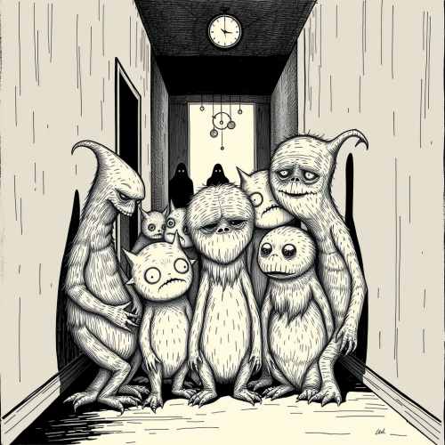 Whimsical monsters in eerie calmness gather together.